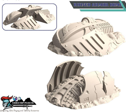 Techno‑nomad graveyard mega‑set — colossal walker ruins with helm shell, legs, hip segment, armor wrecks and transports (28–32mm)