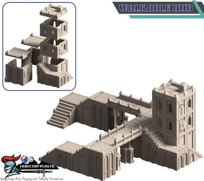 Grimdark hive city terrain set: Omnis Prime Hive District modular hab‑blocks, gantries, walkways