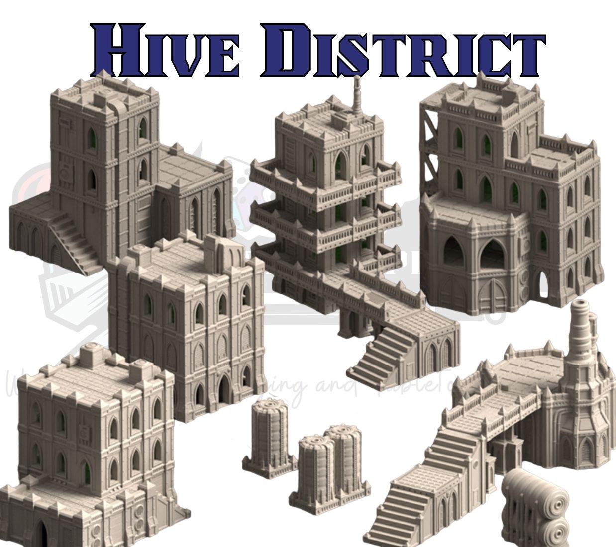 Grimdark hive city terrain set: Omnis Prime Hive District modular hab‑blocks, gantries, walkways
