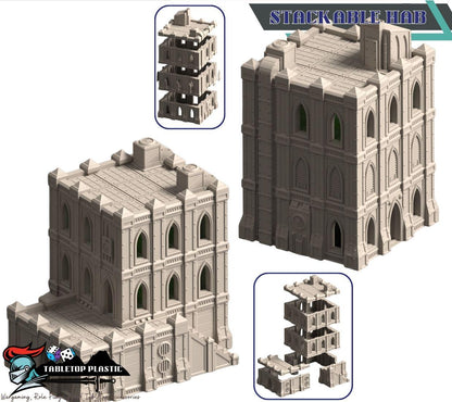 Grimdark hive city terrain set: Omnis Prime Hive District modular hab‑blocks, gantries, walkways