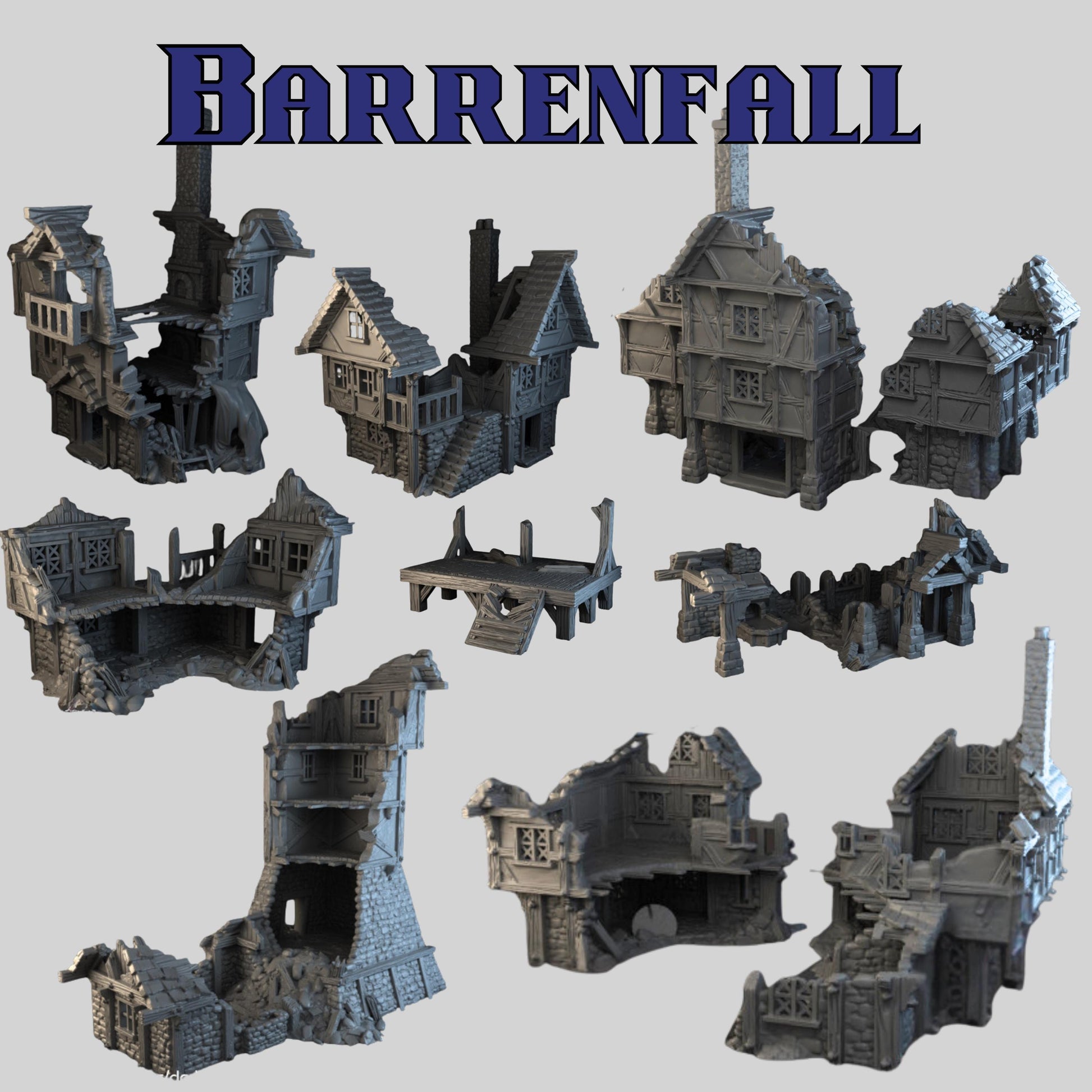 Barrenfall Village Ruins Terrain: – 28–32mm Scale Fantasy Manor, Tavern & Tower