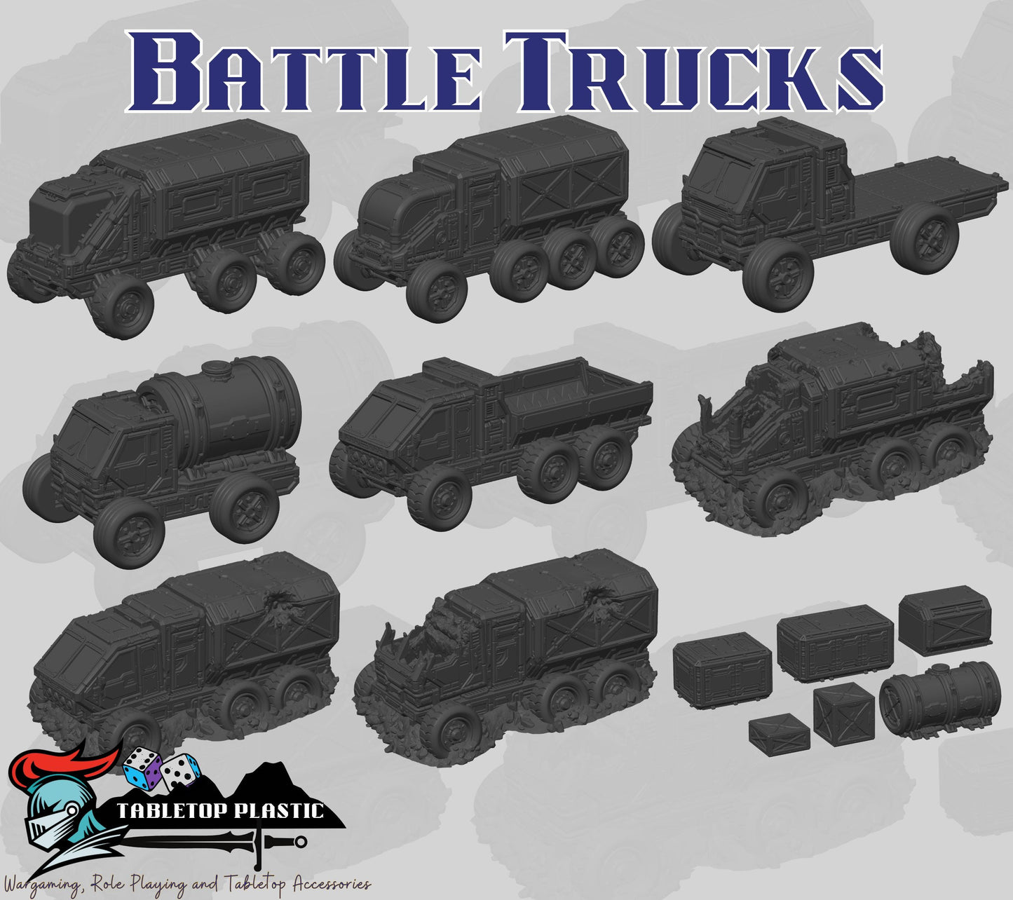 Battle Trucks 28–32mm Terrain: Intact, Cargo & Wrecked Sci‑Fi Trucks