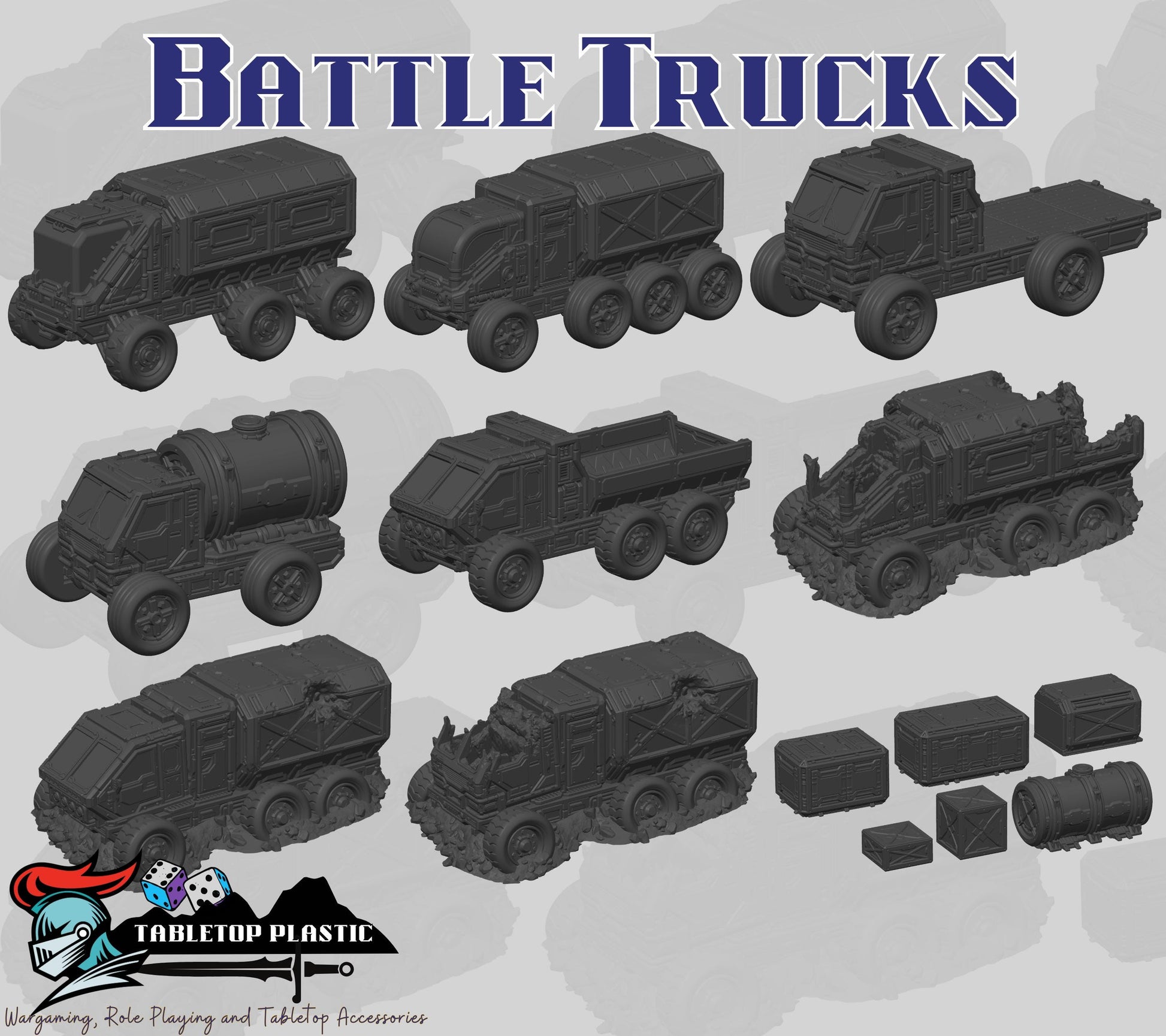 Battle Trucks 28–32mm Terrain: Intact, Cargo & Wrecked Sci‑Fi Trucks