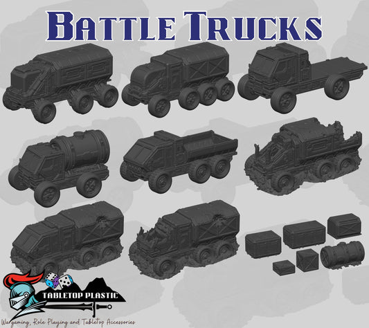 Battle Trucks 28–32mm Terrain: Intact, Cargo & Wrecked Sci‑Fi Trucks
