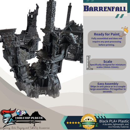 Barrenfall Village Ruins Terrain: – 28–32mm Scale Fantasy Manor, Tavern & Tower