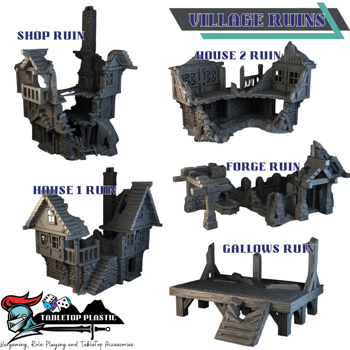 Barrenfall Village Ruins Terrain: – 28–32mm Scale Fantasy Manor, Tavern & Tower