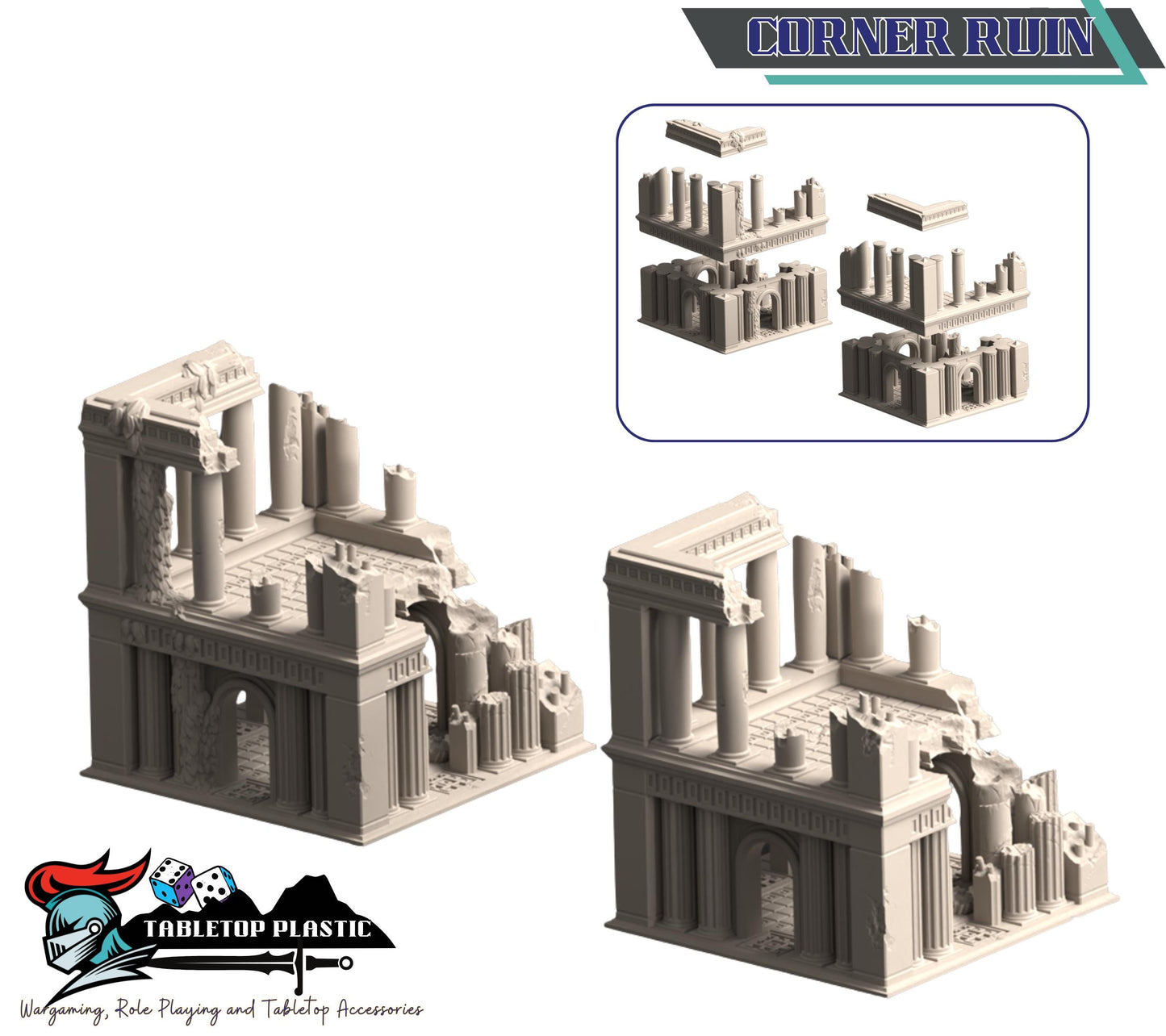 Ancient Roman ruined city terrain: overgrown temple & corner ruins — 28–32 mm wargaming scenery