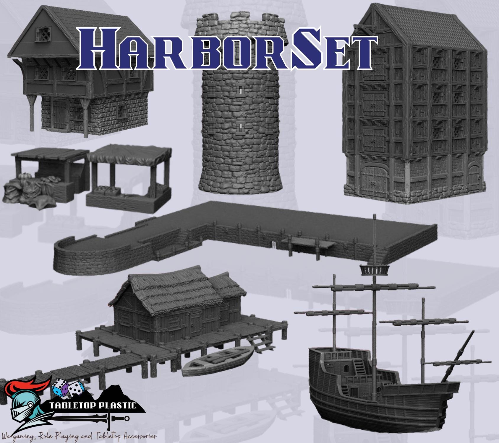 Medieval Harbour Terrain Set | Docks, Walls, Tower, Fisherman’s Hut & Merchant Ship (28mm)
