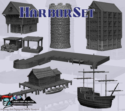 Medieval Harbour Terrain Set | Docks, Walls, Tower, Fisherman’s Hut & Merchant Ship (28mm)