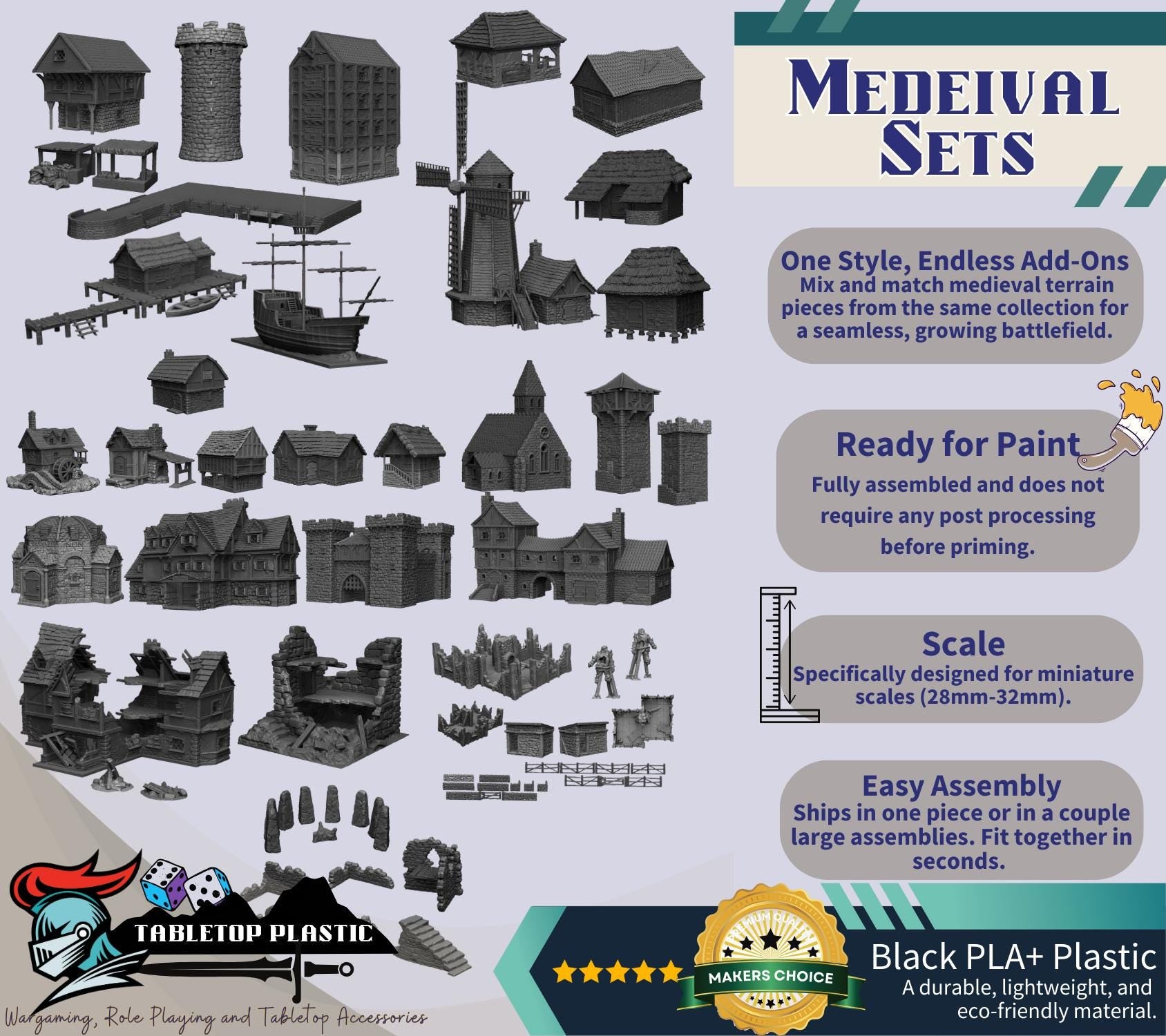Full Medieval Town Terrain Bundle | Castle, Church, Tavern, Manor, Town Houses & Civic Buildings (28mm)