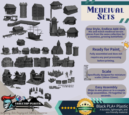 Full Medieval Town Terrain Bundle | Castle, Church, Tavern, Manor, Town Houses & Civic Buildings (28mm)