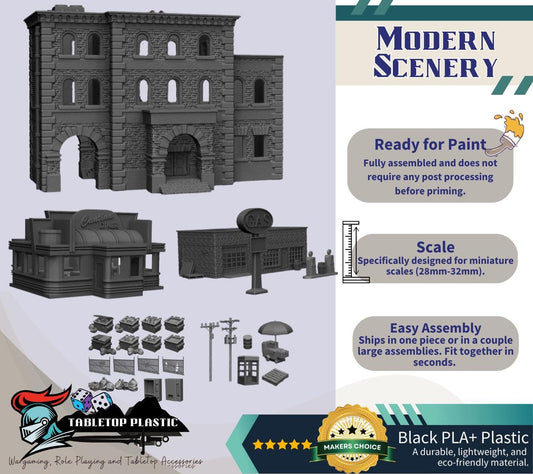 Modern Urban Terrain Set | Gas Station, Diner, Street Scatter & Multi-Story Building (MCP Scale)