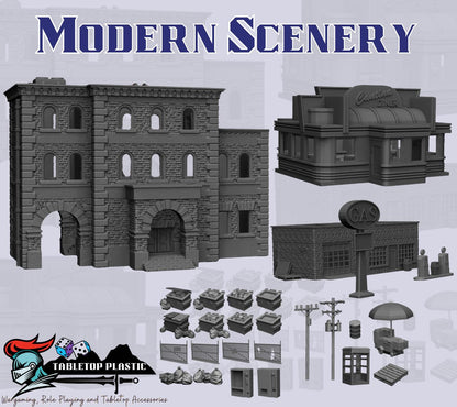Modern Urban Terrain Set | Gas Station, Diner, Street Scatter & Multi-Story Building (MCP Scale)