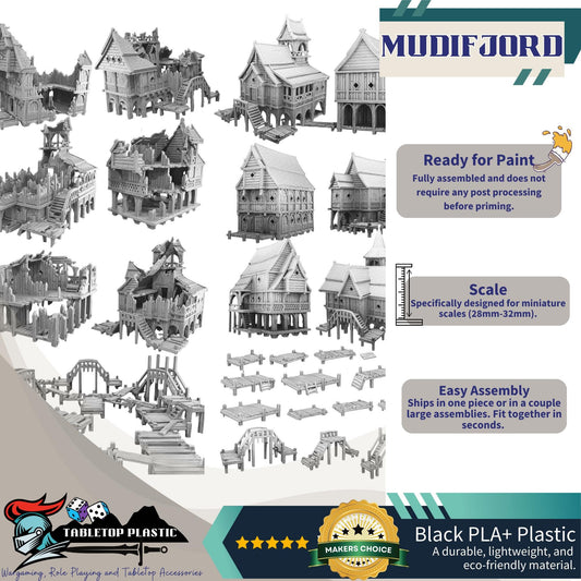 Mudifjord Lake Town Terrain, Stilt Village Buildings & Walkways, Intact or Ruined Sets, 28–32mm Tabletop Scenery