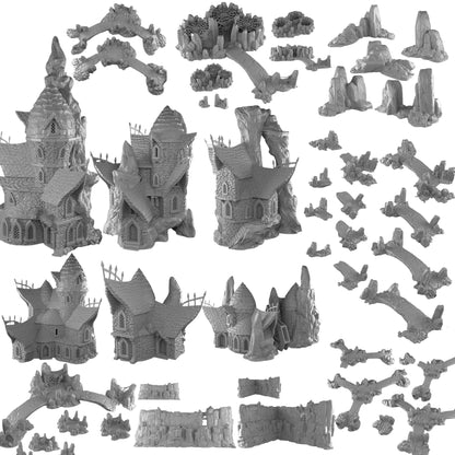 Underdark Terrain Village, Stalagmite Houses and Inn, Cavern Watermill + Scatter, 28–32mm D&D RPG Scenery | Draekenhal