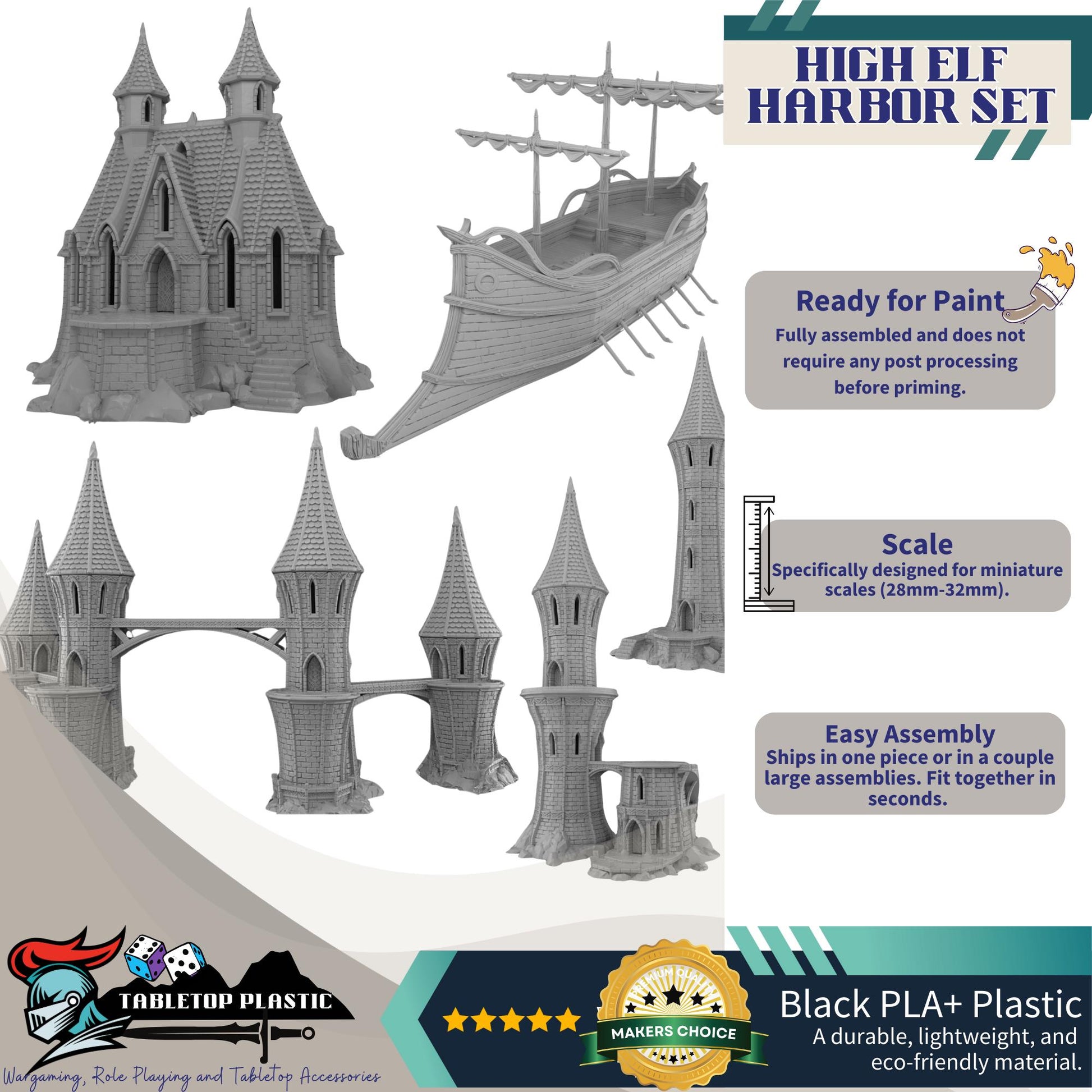 High Elf Harbor Terrain Set, 28mm Fantasy Seaport Scenery