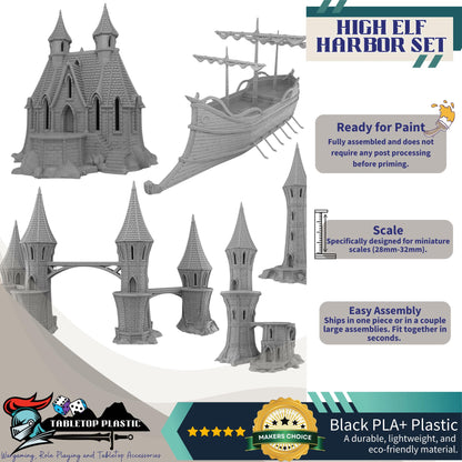 High Elf Harbor Terrain Set, 28mm Fantasy Seaport Scenery