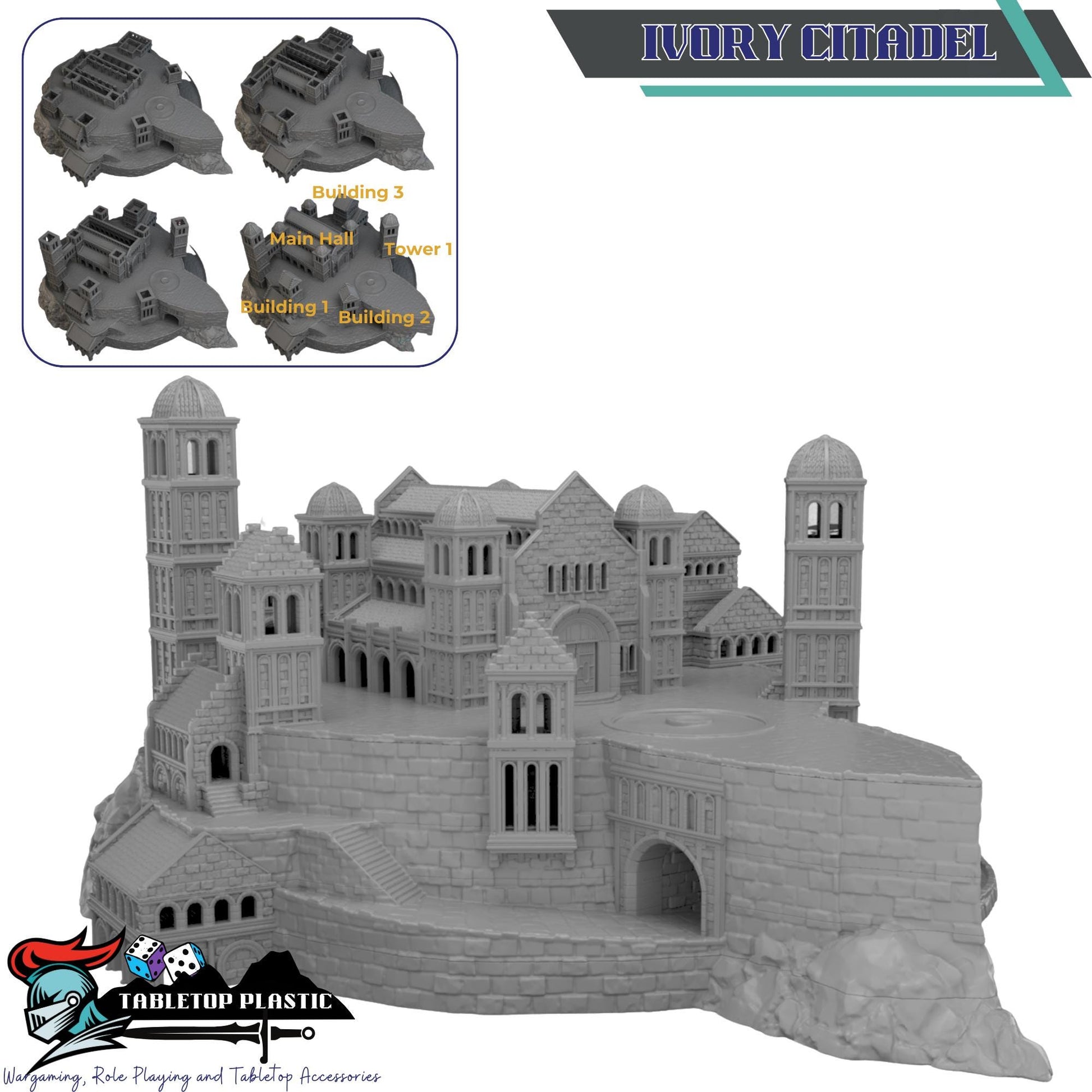 White City Fortress Terrain, Ivory Citadel & Outer Walls, Modular Towers/Gate, 28–32mm Siege Scenery (Intact Set)