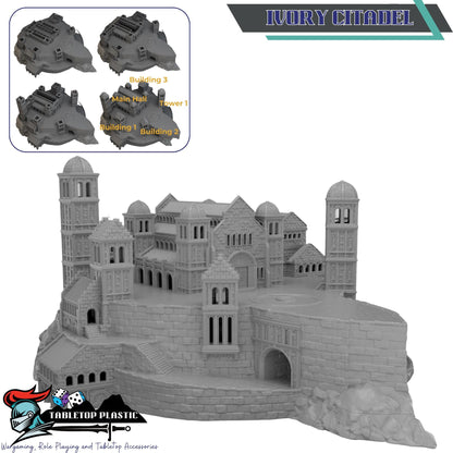 White City Fortress Terrain, Ivory Citadel & Outer Walls, Modular Towers/Gate, 28–32mm Siege Scenery (Intact Set)