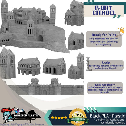 White City Fortress Terrain, Ivory Citadel & Outer Walls, Modular Towers/Gate, 28–32mm Siege Scenery (Intact Set)