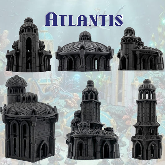 Atlantis Terrain Set, Underwater Ruins Buildings & Towers, 28mm Fantasy City Scenery for Coastal Campaigns and Sea Kingdom Tables