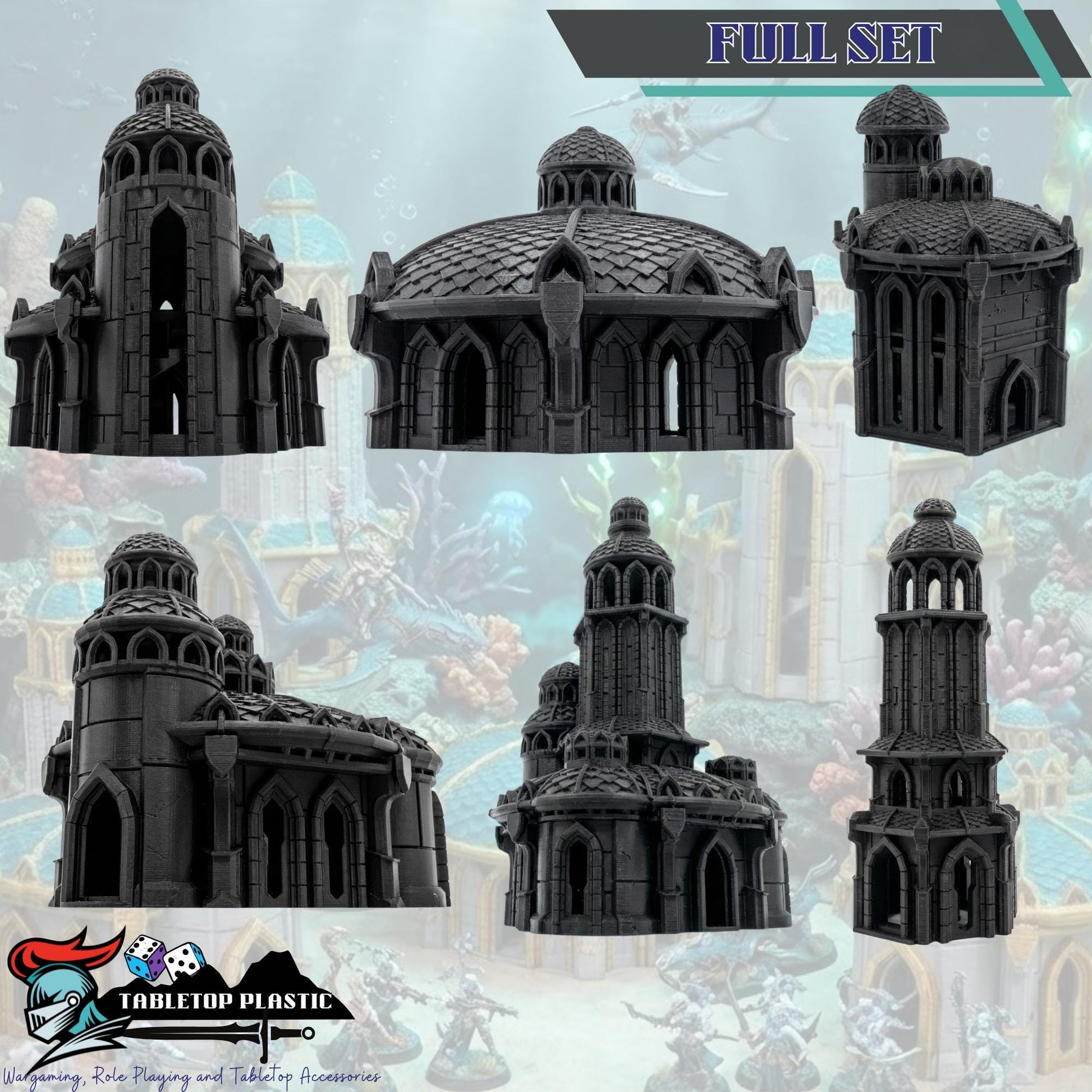 Atlantis Terrain Set, Underwater Ruins Buildings & Towers, 28mm Fantasy City Scenery for Coastal Campaigns and Sea Kingdom Tables