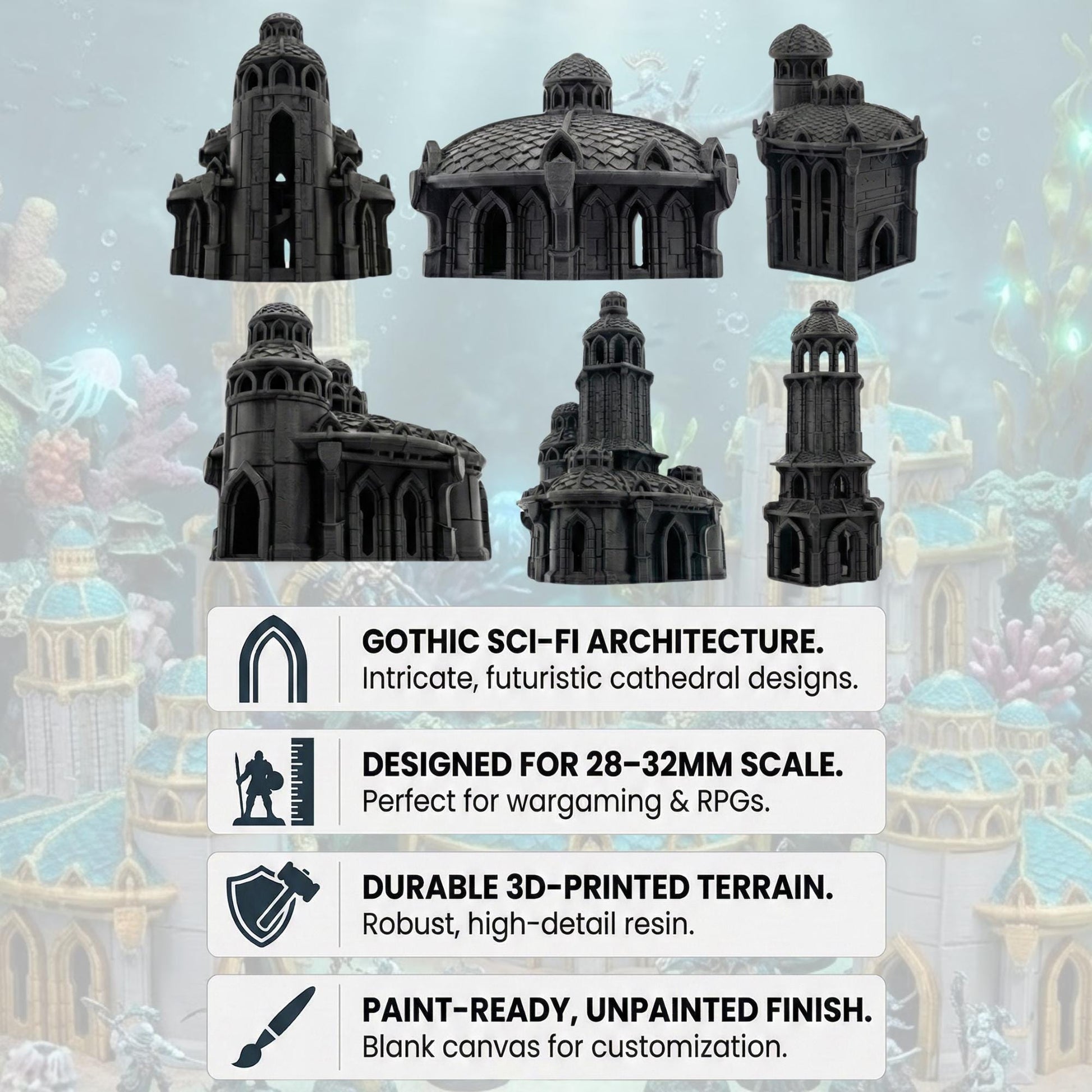 Atlantis Terrain Set, Underwater Ruins Buildings & Towers, 28mm Fantasy City Scenery for Coastal Campaigns and Sea Kingdom Tables