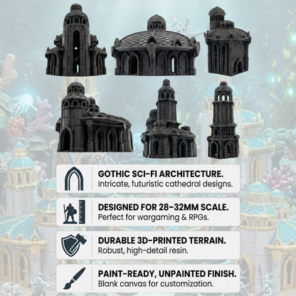 Atlantis Terrain Set, Underwater Ruins Buildings & Towers, 28mm Fantasy City Scenery for Coastal Campaigns and Sea Kingdom Tables