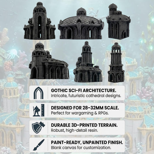 Atlantis Terrain Set, Underwater Ruins Buildings & Towers, 28mm Fantasy City Scenery for Coastal Campaigns and Sea Kingdom Tables