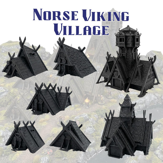 Norse Viking Village Terrain, Stave Church + Mead Hall + 5 Houses, 28–32mm Fantasy Settlement Scenery (Odingard)