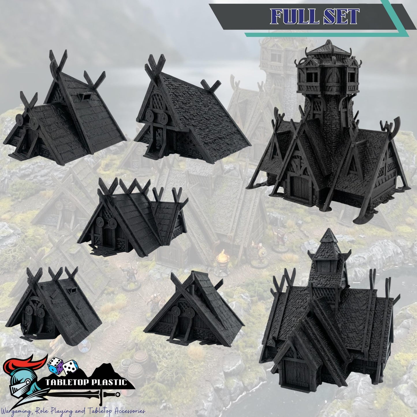 Norse Viking Village Terrain, Stave Church + Mead Hall + 5 Houses, 28–32mm Fantasy Settlement Scenery (Odingard)