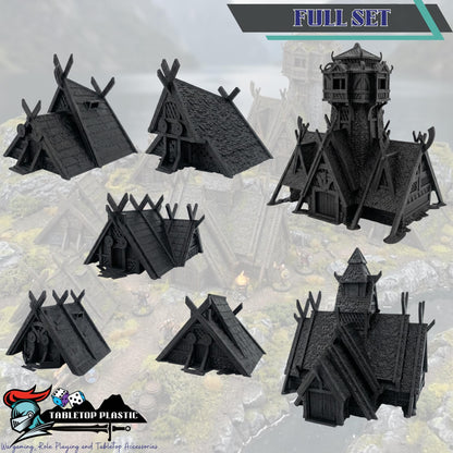 Norse Viking Village Terrain, Stave Church + Mead Hall + 5 Houses, 28–32mm Fantasy Settlement Scenery (Odingard)
