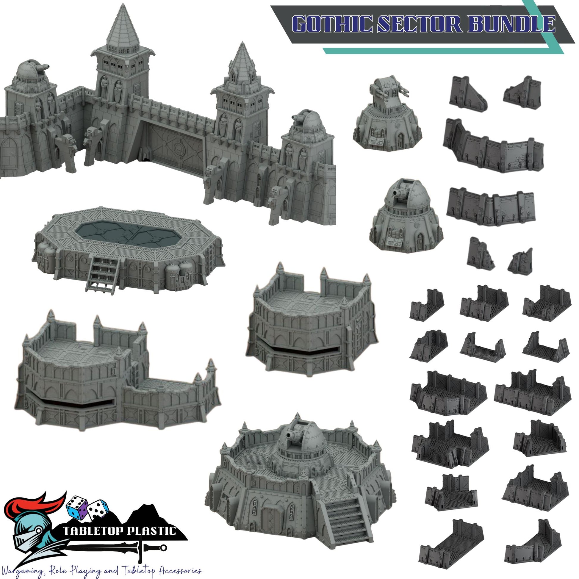 Sci-Fi Fortress Terrain, Modular Trenches & Walls, Bunkers/Turrets, Landing Pad — Gothic Sector Fortress (28–32mm)