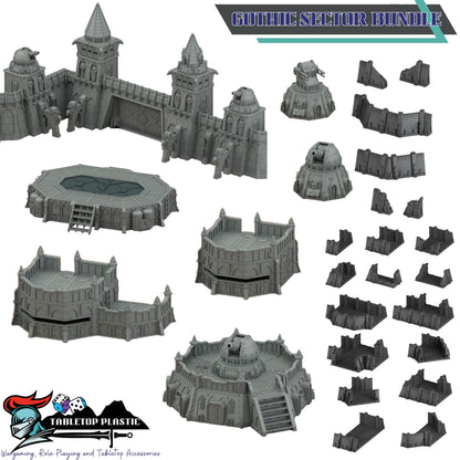 Sci-Fi Fortress Terrain, Modular Trenches & Walls, Bunkers/Turrets, Landing Pad — Gothic Sector Fortress (28–32mm)