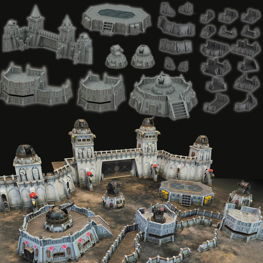 Sci-Fi Fortress Terrain, Modular Trenches & Walls, Bunkers/Turrets, Landing Pad — Gothic Sector Fortress (28–32mm)