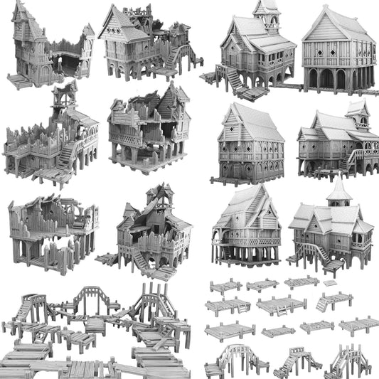 Mudifjord Lake Town Terrain, Stilt Village Buildings & Walkways, Intact or Ruined Sets, 28–32mm Tabletop Scenery