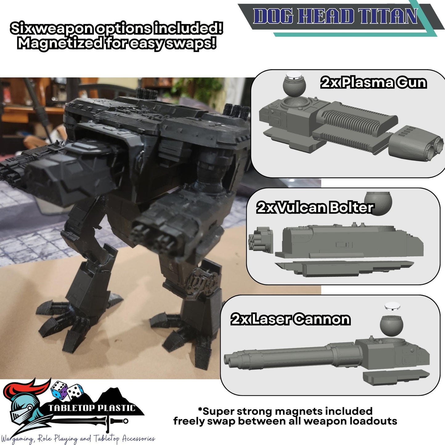 Dog Head Titan Proxy, Scout-Class Titan Walker, Magnet-Ready Weapons, 10.5” Tall, FDM Printed Model