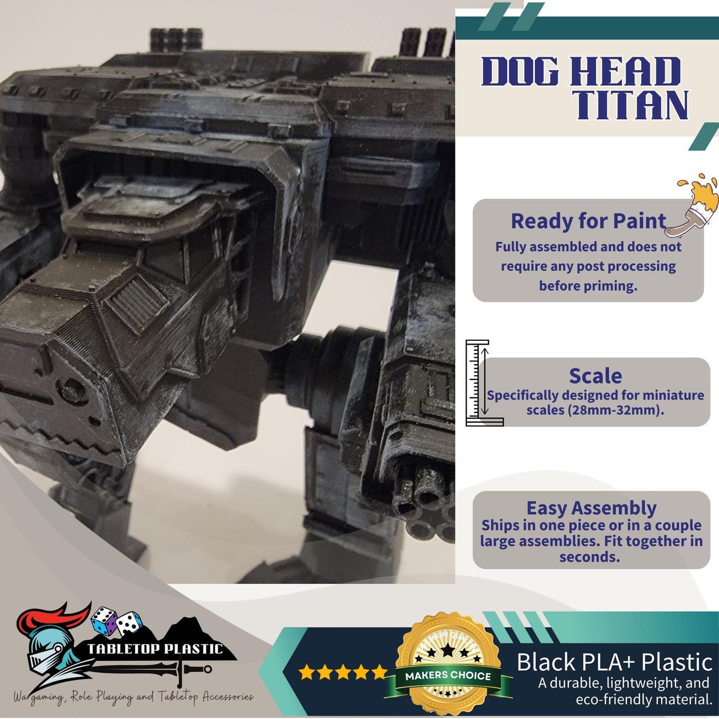 Dog Head Titan Proxy, Scout-Class Titan Walker, Magnet-Ready Weapons, 10.5” Tall, FDM Printed Model