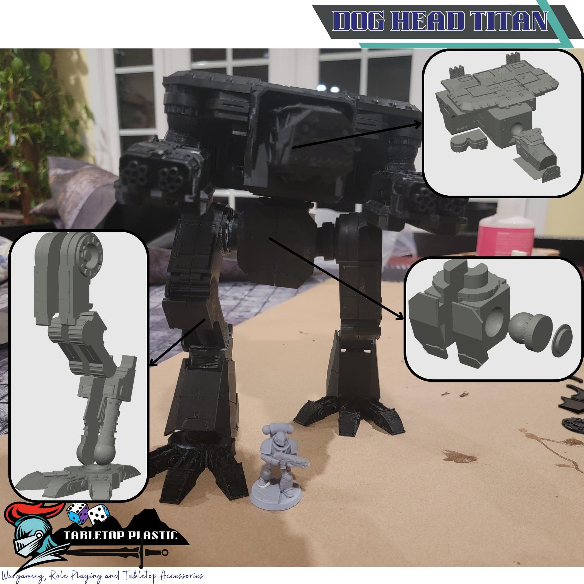 Dog Head Titan Proxy, Scout-Class Titan Walker, Magnet-Ready Weapons, 10.5” Tall, FDM Printed Model