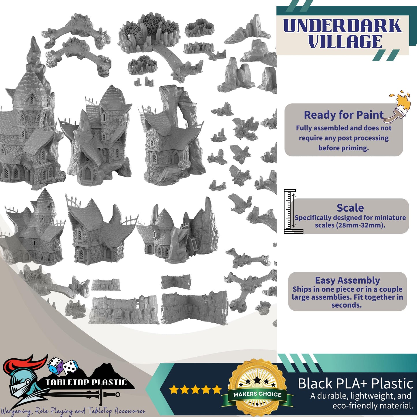 Underdark Terrain Village, Stalagmite Houses and Inn, Cavern Watermill + Scatter, 28–32mm D&D RPG Scenery | Draekenhal