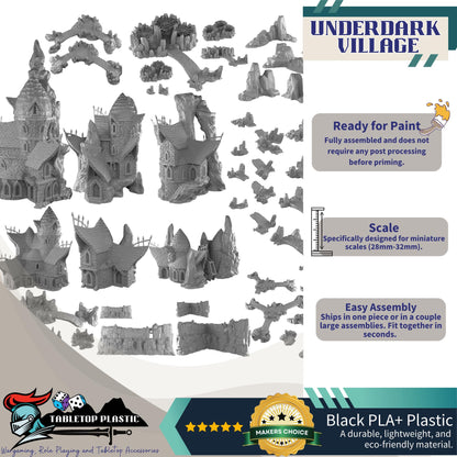 Underdark Terrain Village, Stalagmite Houses and Inn, Cavern Watermill + Scatter, 28–32mm D&D RPG Scenery | Draekenhal