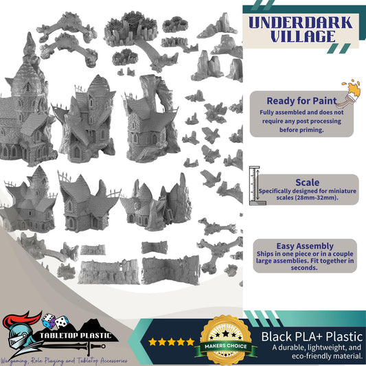 Underdark Terrain Village, Stalagmite Houses and Inn, Cavern Watermill + Scatter, 28–32mm D&D RPG Scenery | Draekenhal