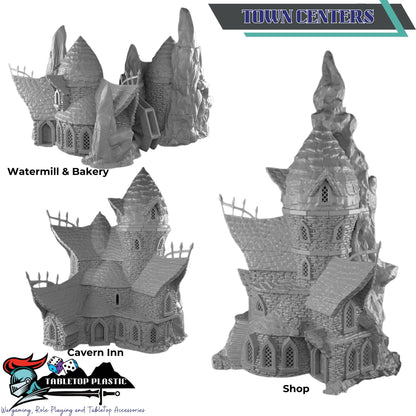 Underdark Terrain Village, Stalagmite Houses and Inn, Cavern Watermill + Scatter, 28–32mm D&D RPG Scenery | Draekenhal