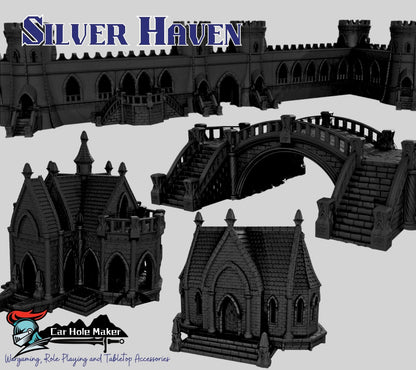 Fantasy Terrain Silver Haven – Modular Castle Walls, Gothic Bridge, House & Pavillion for Tabletop RPG and Wargaming Dioramas
