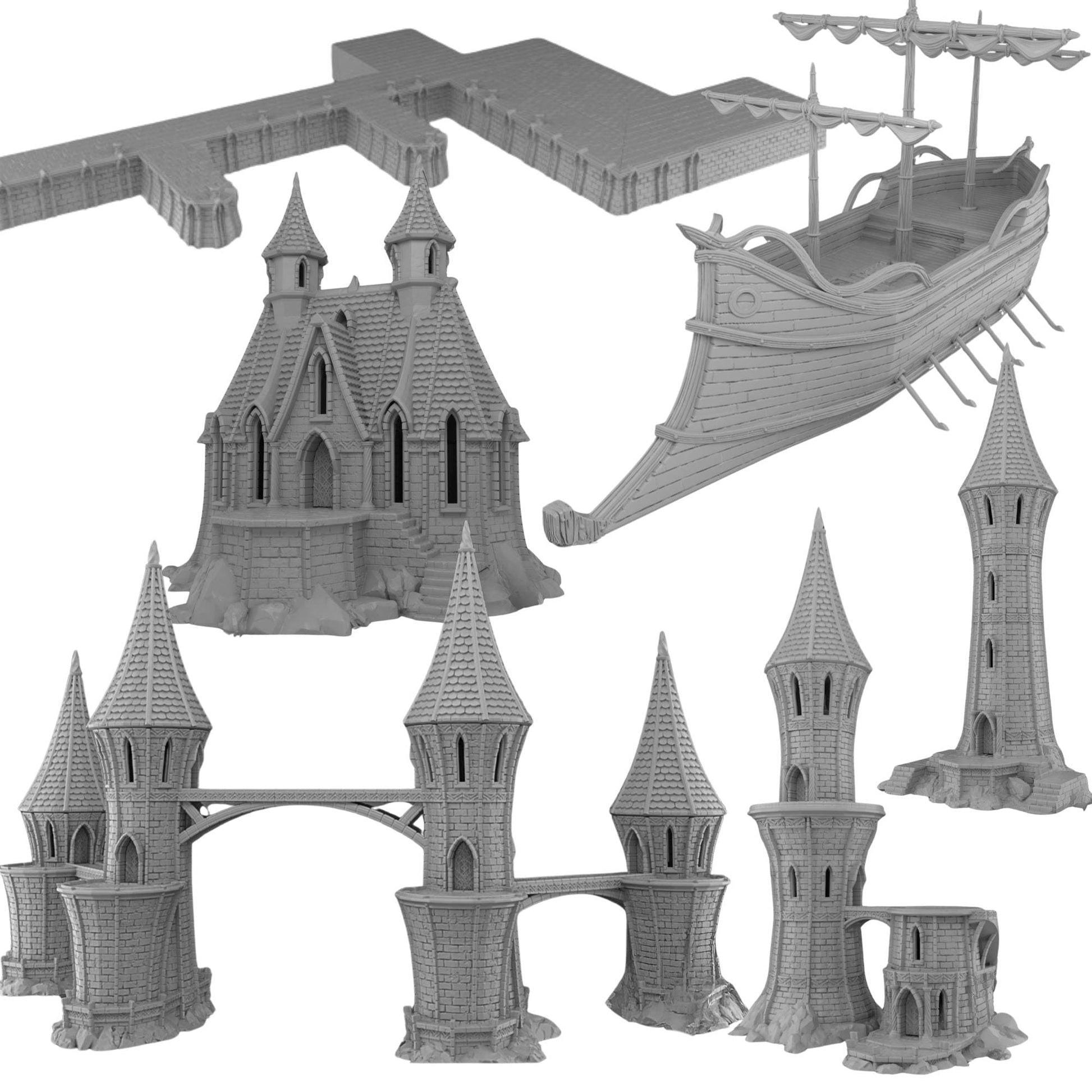 High Elf Harbor Terrain Set, 28mm Fantasy Seaport Scenery
