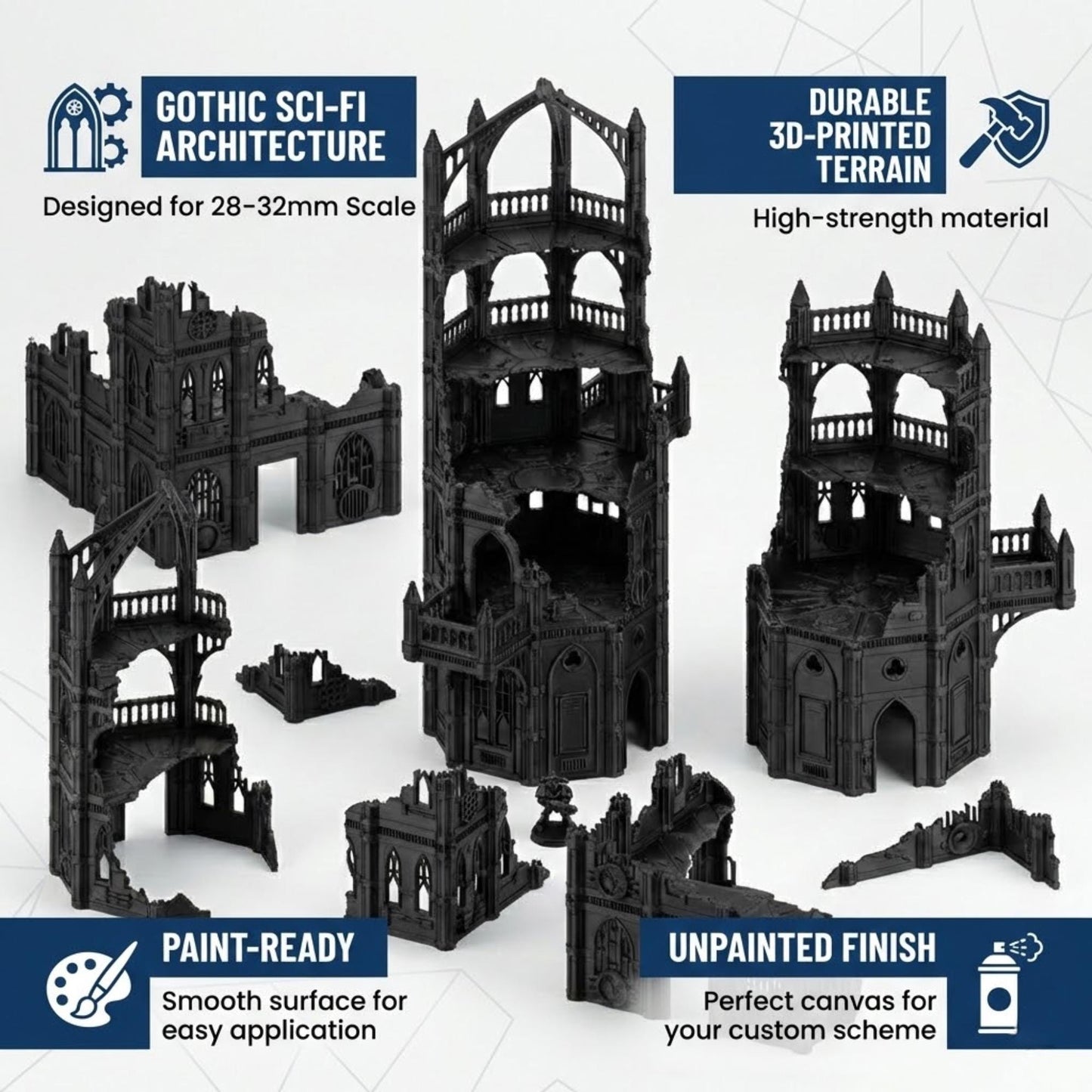 Gothic Sci-Fi Terrain Towers & Ruins, Sector-Style Urban Battlefield Scenery, 28–32mm Tabletop Wargaming