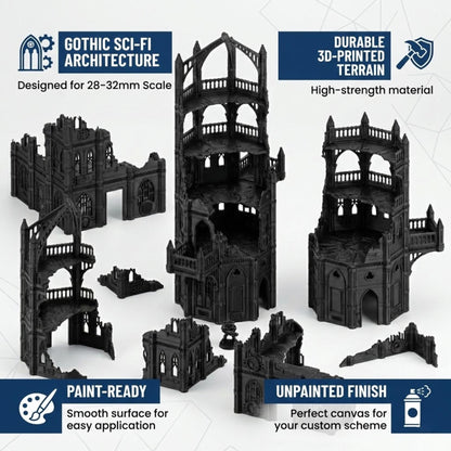 Gothic Sci-Fi Terrain Towers & Ruins, Sector-Style Urban Battlefield Scenery, 28–32mm Tabletop Wargaming