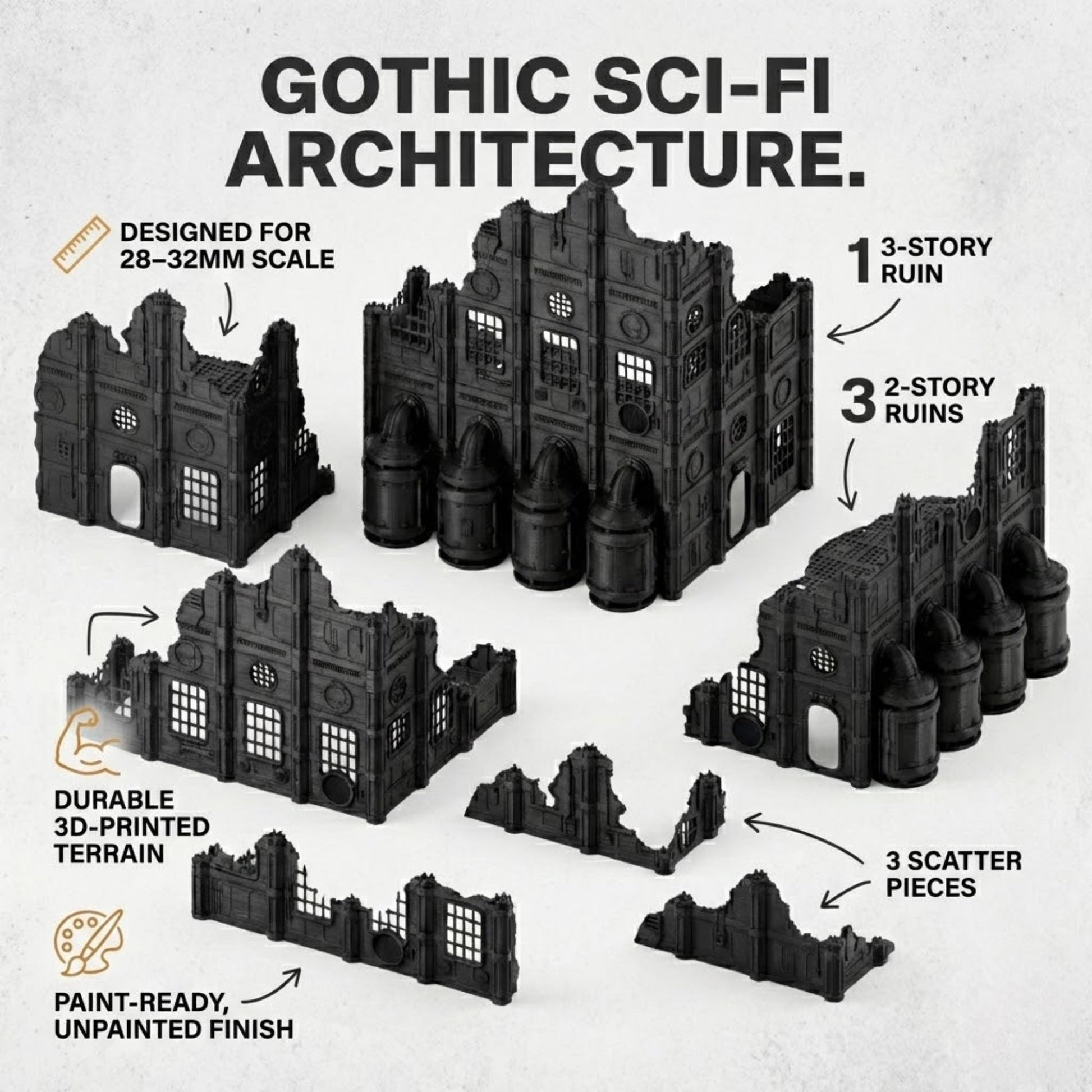Grimdark Industrial Ruins Set: Forge of Pavonis 3 Sci-Fi Wargaming Terrain 28mm