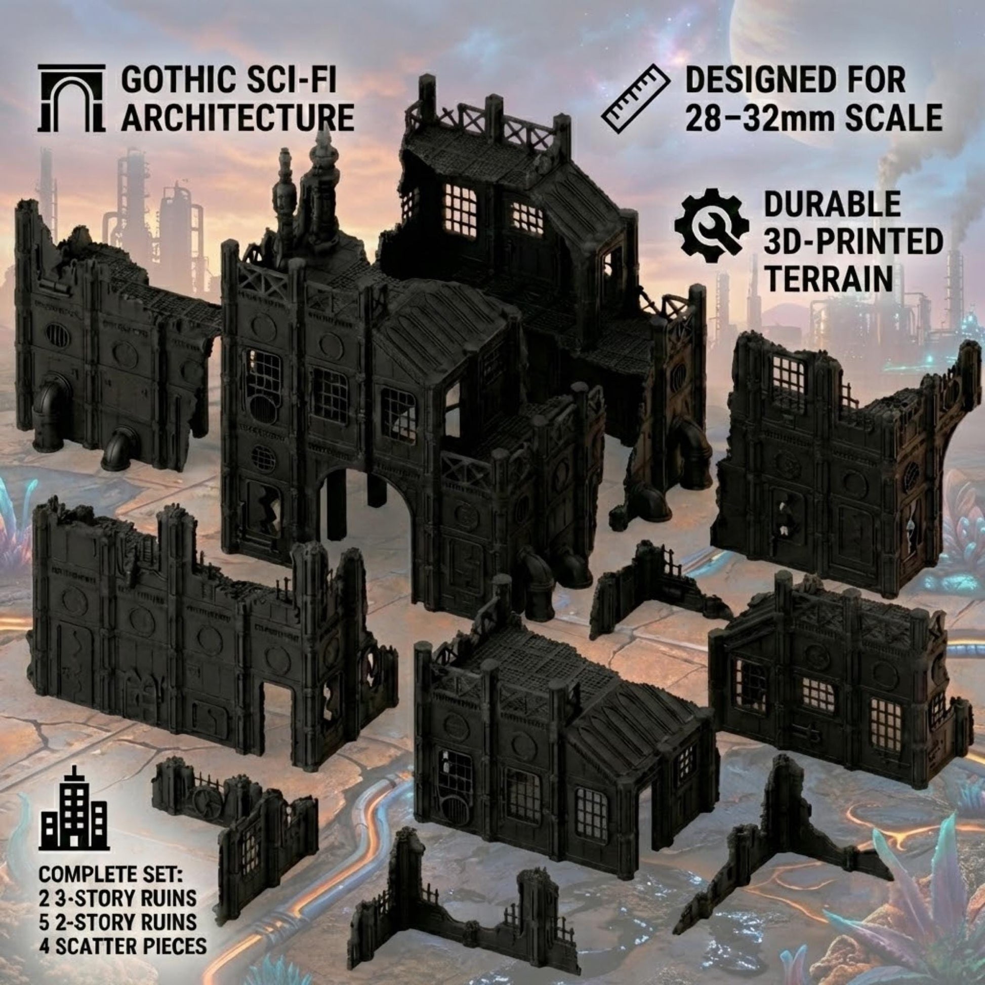 Grimdark Industrial Ruins Set: Foge of Pavonis 4 Sci-Fi Wargaming Terrain 28mm