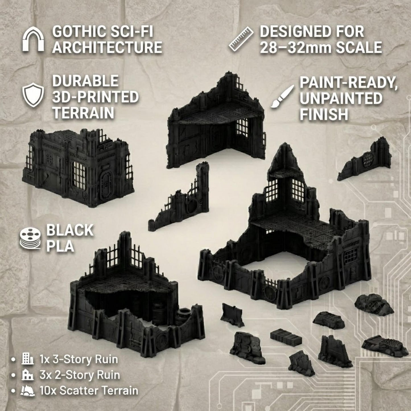 Grimdark Industrial Ruins Set: Foge of Pavonis 4 Sci-Fi Wargaming Terrain 28mm